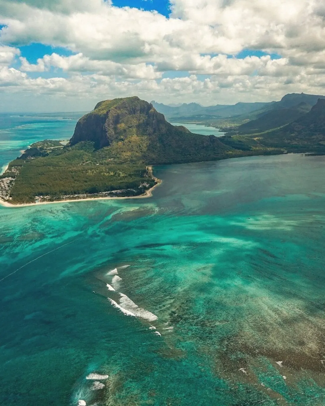 Le Morne Brabant and the lagoon from the air, southwest Mauritius